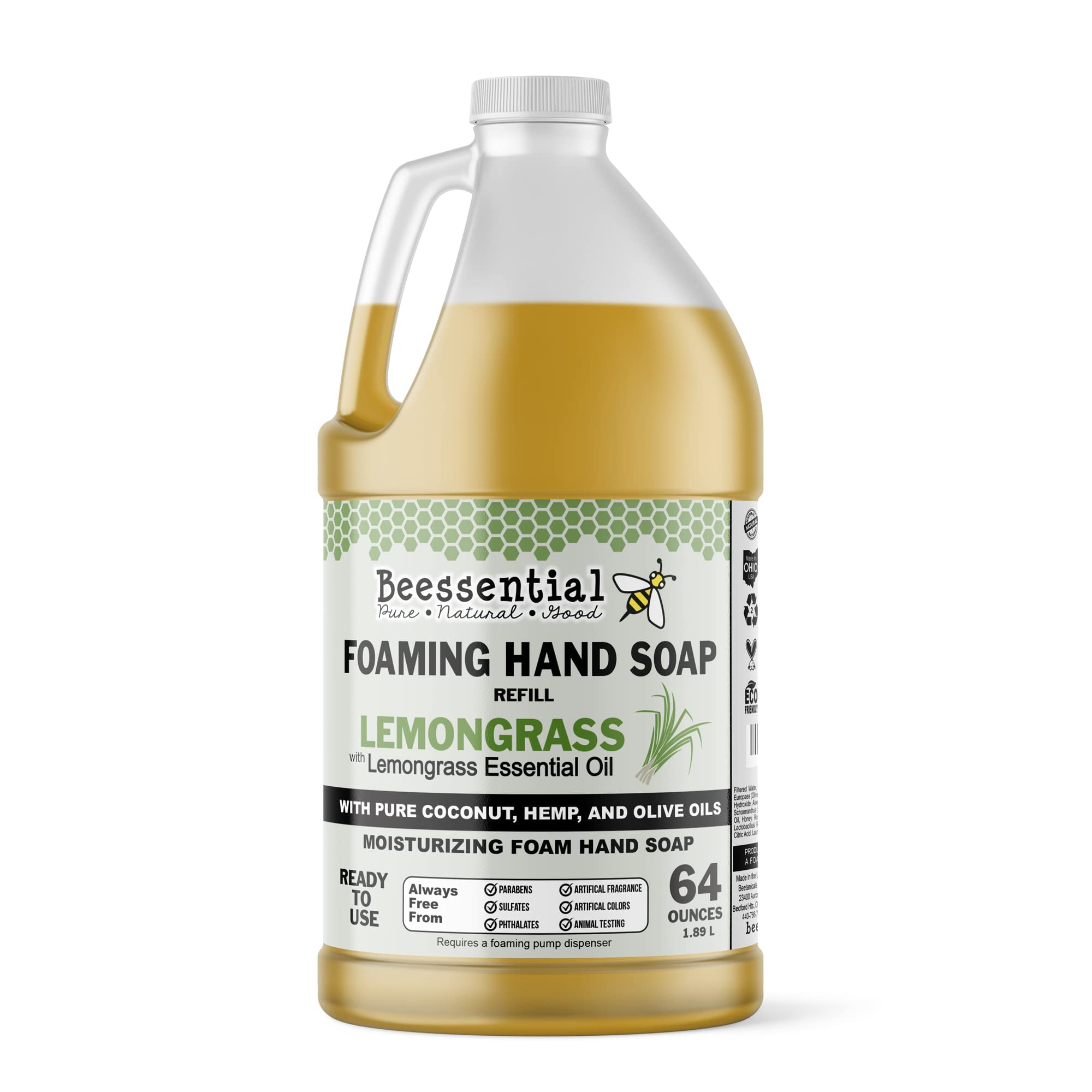 Beessential All Natural Foaming Hand Soap Refill, 64 oz Lemongrass, Made with Aloe & Honey, Lavender Color, Bulk Pack