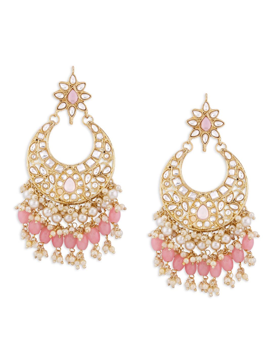 Zaveri Pearls Pink Cluster Beads Drop Kundan Crescent Dangle Earring For WomenZpfk13794