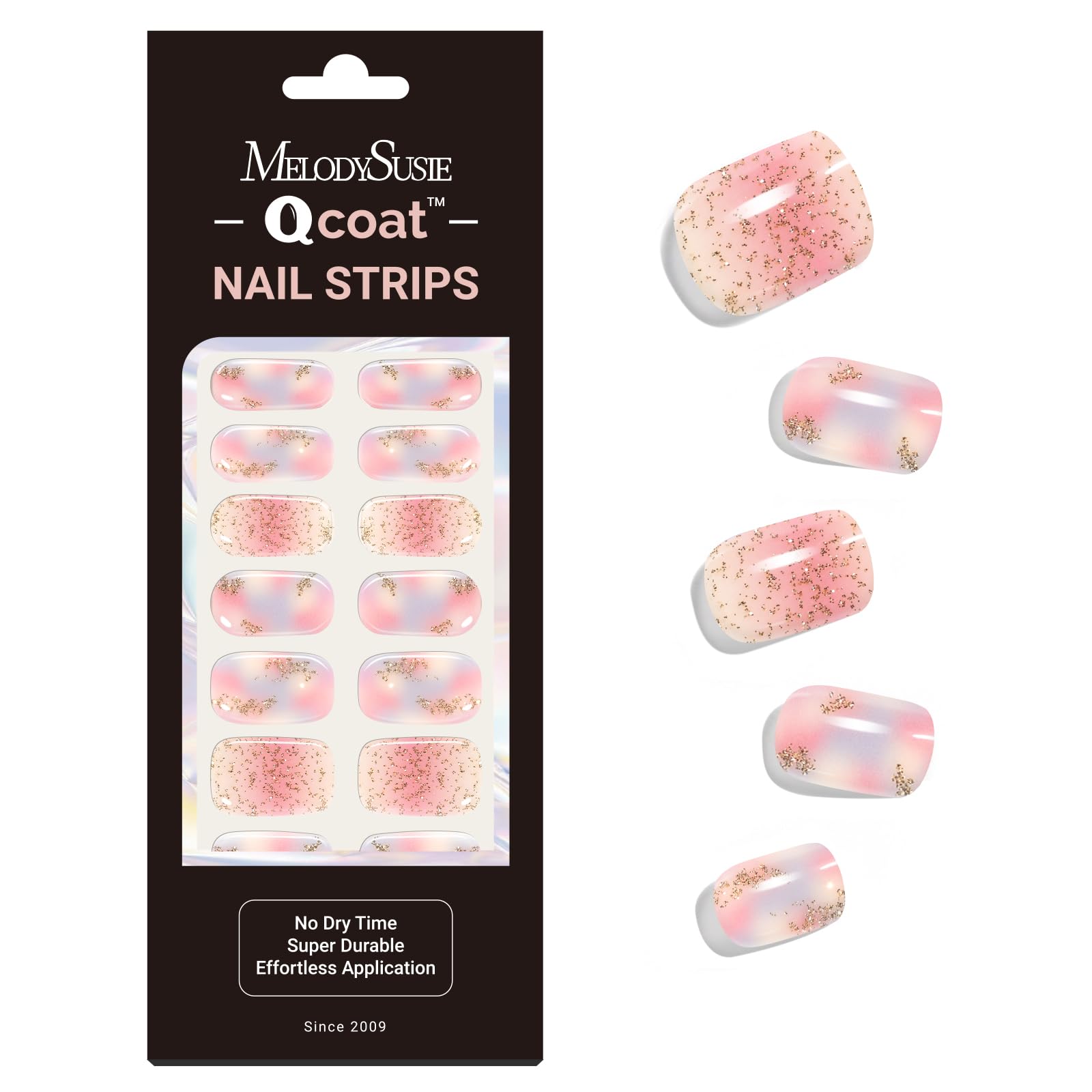 MelodySusie Qcoat Fully Cured Gel Nail Strips (Pink Blue Blooming Glitter) - UV Free Nail Polish Strips, Salon-Quality, Long Las
