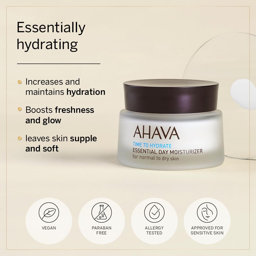 Ahava Essential Day Moisturizer, Normal To Dry Skin - Essential Daily Hydrating Facial & Neck Cream, Anti-Aging & Smoothing Effe