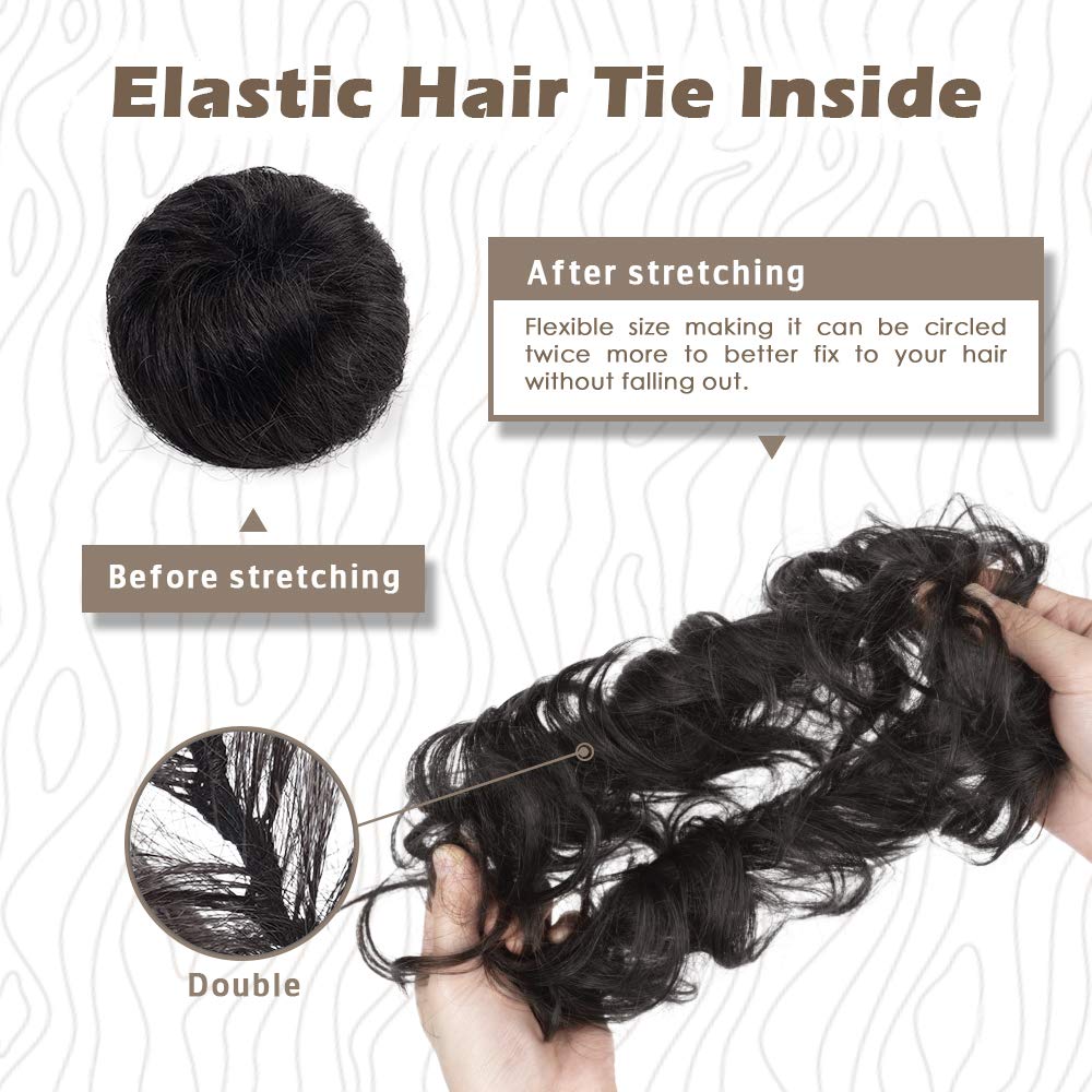 BARSDAR 100% Human Hair Bun Extension - 2 PCs Real Human Hair Messy Bun Hair Pieces Black Hair Bun Extensions for Women - Real H