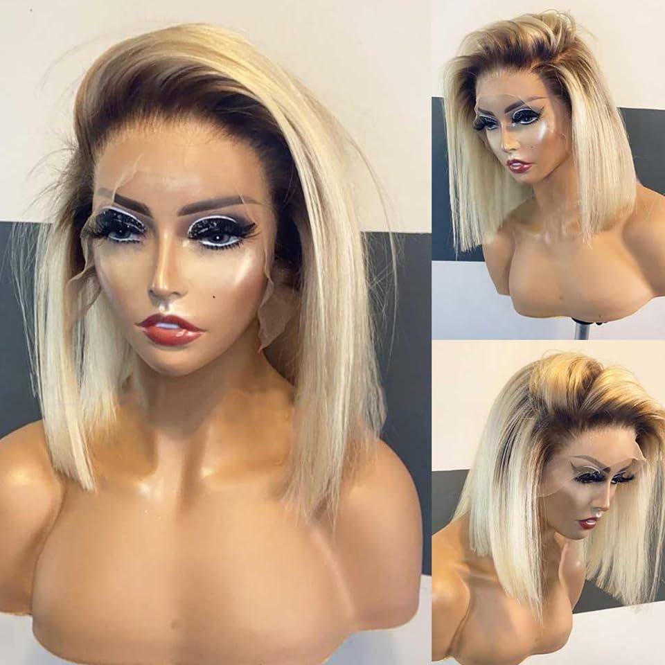 13X4 Hd Blonde Bob Lace Front Wigs Human Hair For Black Women,14'' 150% Density Glueless Pre Plucked Ombre Blonde Straight Remy