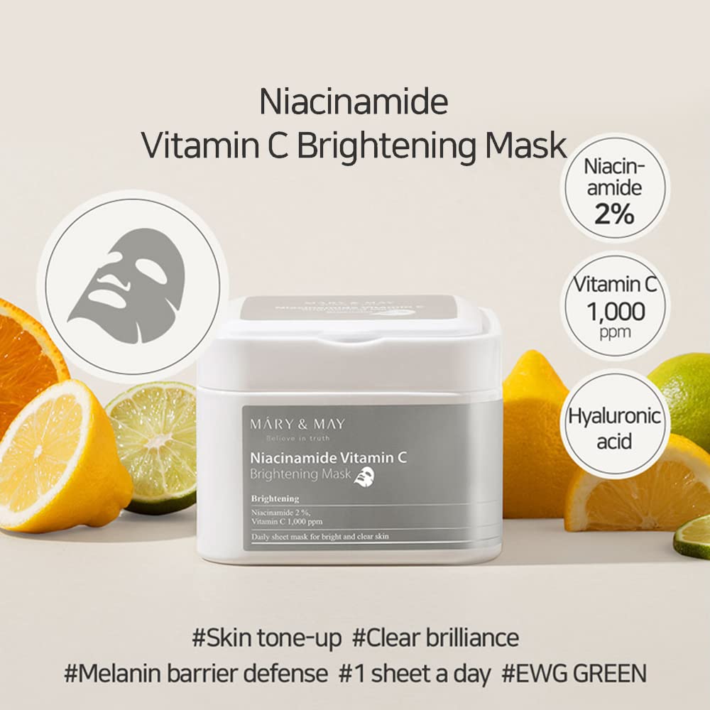 Mary&May Niacinamide Vitamin C Daily Mask - Quick Dispenser Type Korean Face Mask Sheet For Radiance Clear Skin - Dark Spot Corr
