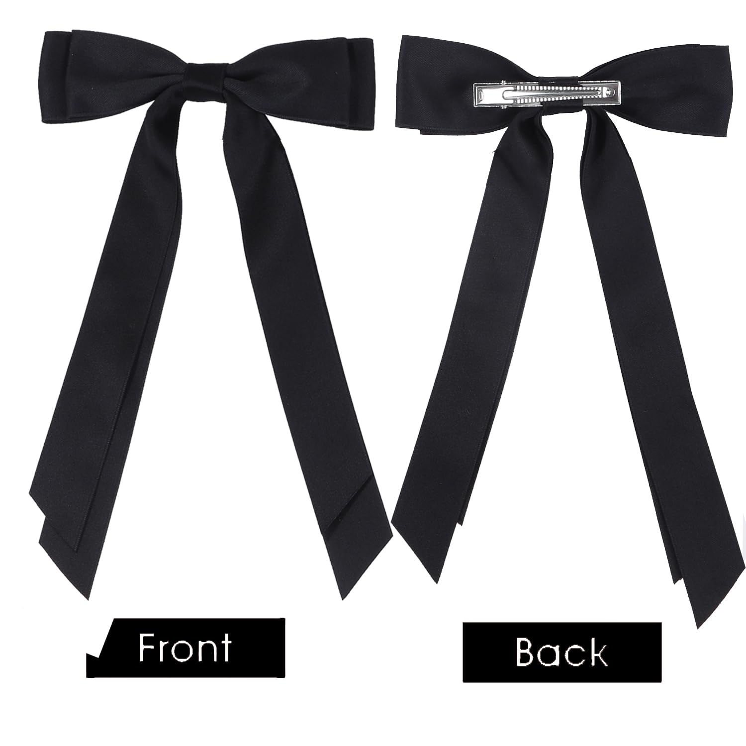 Satin Bow Hair Clips For Women, Silkly Satin Black Beige Hair Ribbon Bow With Long Tail Hair Accessories For Girls (Black Beige)