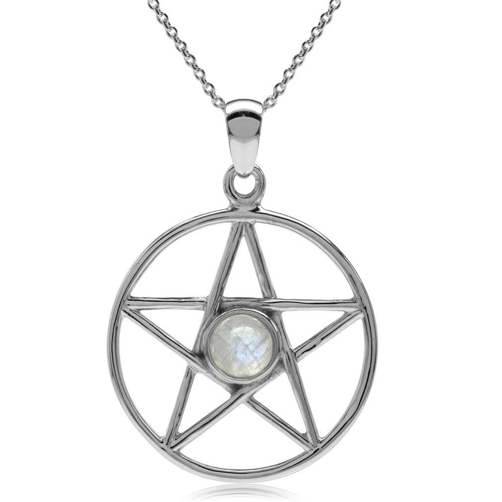 Silvershake Natural Moonstone 925 Sterling Silver Wiccan Pentagram Star Pendant with 18 Inch Chain Necklace June Gemstone Births