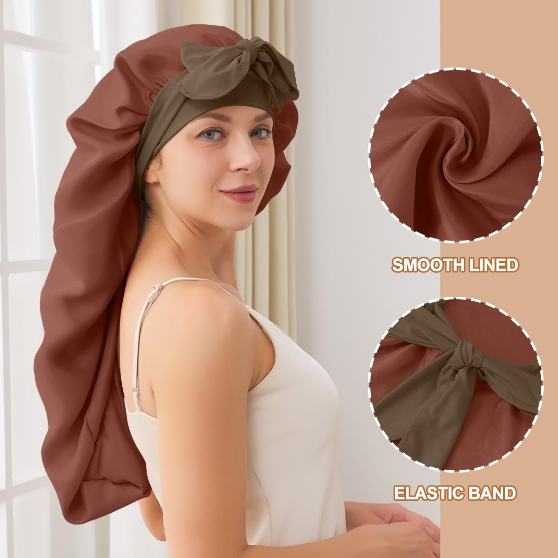 Braid Bonnet For Sleeping, Long Satin Bonnet For Women Curly Hair, Satin Lined Bonnets For Sleeping With Elastic Long Strap(Brow