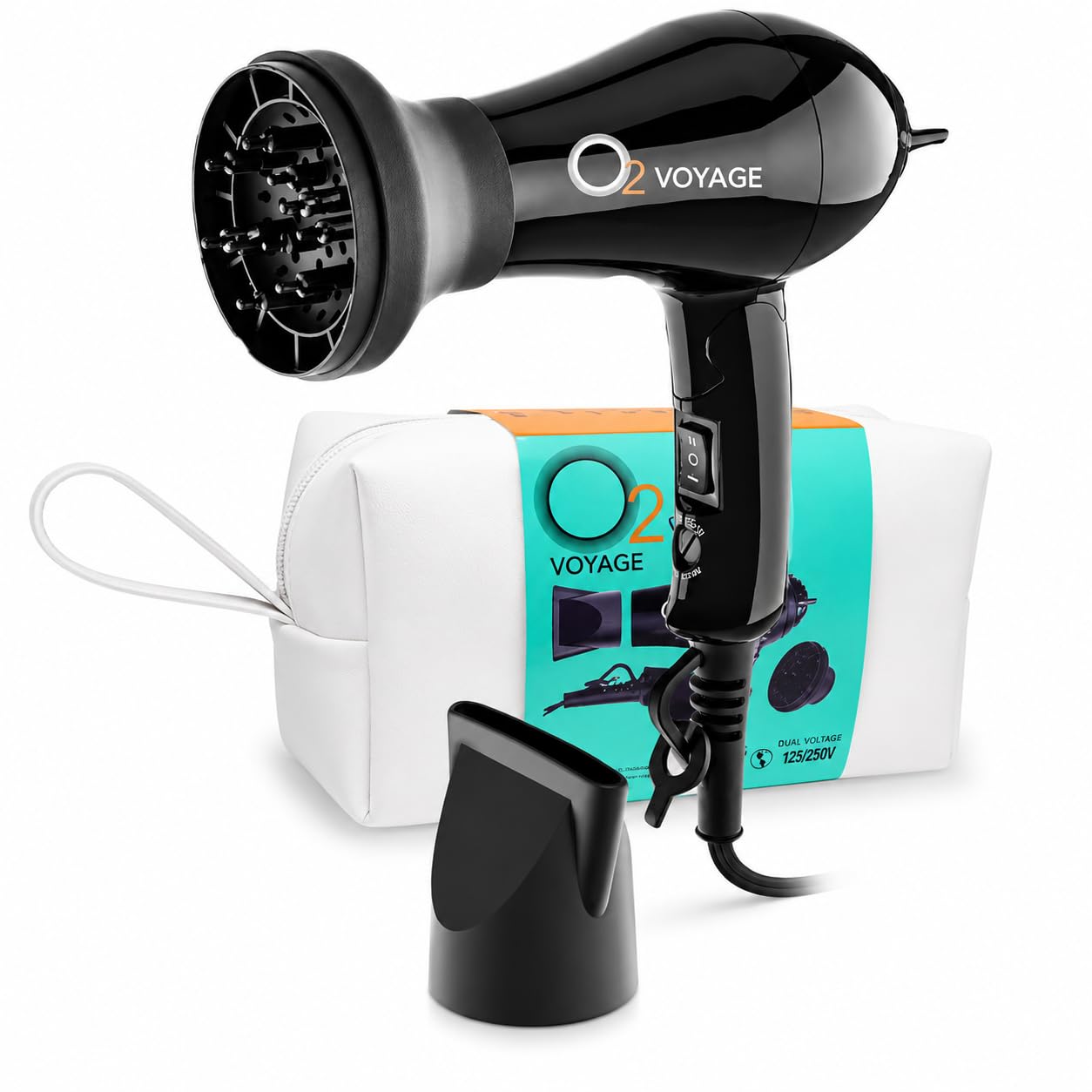 O2 Voyage Dual Voltage 1200W Professional Ionic Hair Dryer with Diffuser