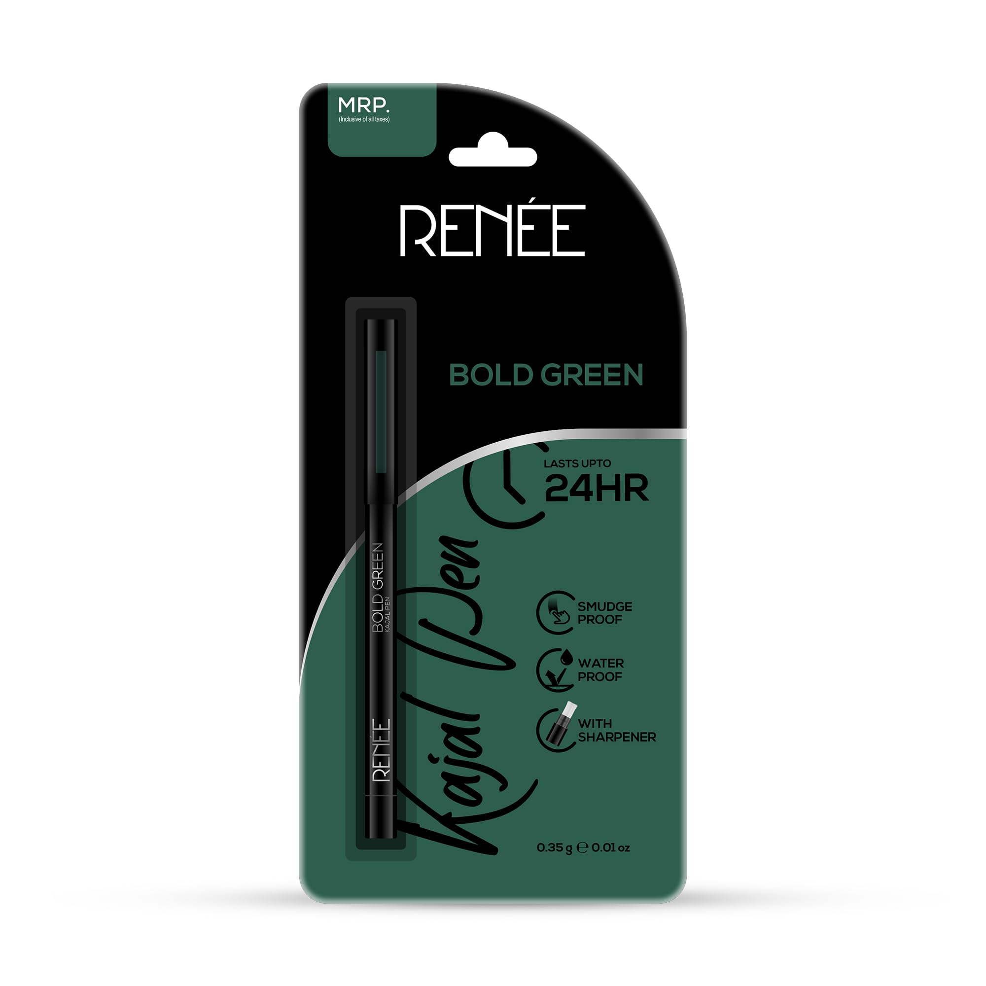 Renee Kajal Pen With Sharpener - Bold Green 0.35Gm 24 Hrs Stay Long Lasting Kohl Pencil, Matte Finish, Rich Color Payoff, Smudge