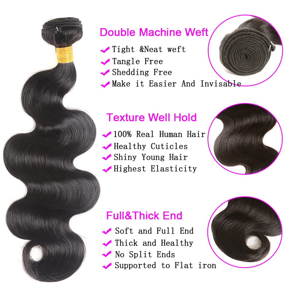 Hswpawk Body Wave Bundles Human Hair 16 18 20 Inch 12A Human Hair Bundles 3 Bundles Human Hair 100% Unprocessed Brazilian Virgin