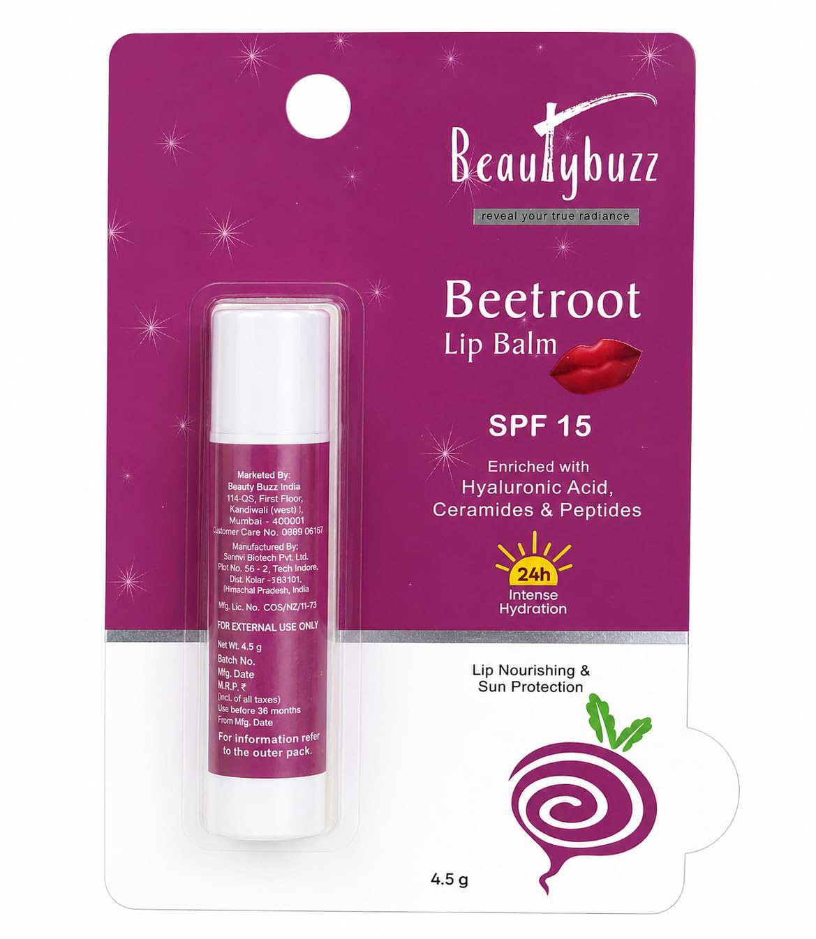 Pmw  Beautybuzz Beetroot Lip Balm Spf 15 | 24H Intense Hydration | Hyaluronic Acid, Ceramides & Peptides | Natural Pink Tint | 