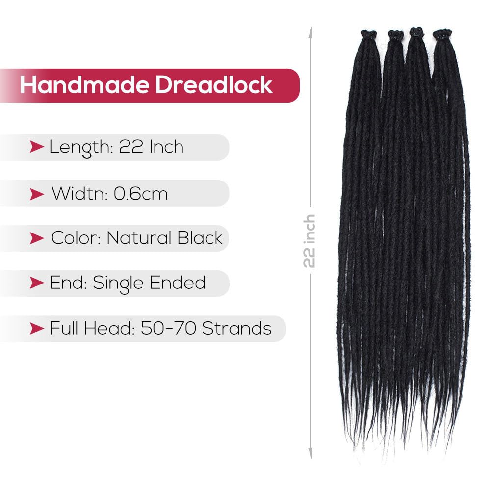 Kraler Dreadlock Extensions, 22 '' Black Synthetic Crochet Dreads Extensions 100% Handmade Single Ended Dreads Thin 0.6cm Width