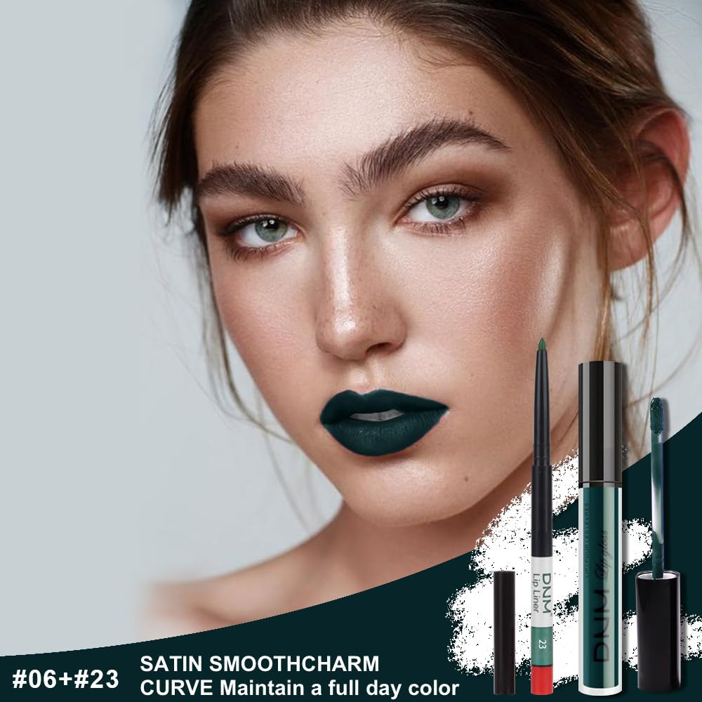 Evpct 2Pcs Matte Dark Green Lipstick And Lip Liner Gloss Makeup Set Dnm Matt Matte Liquid Lipstick Long Lasting Set 24H And With