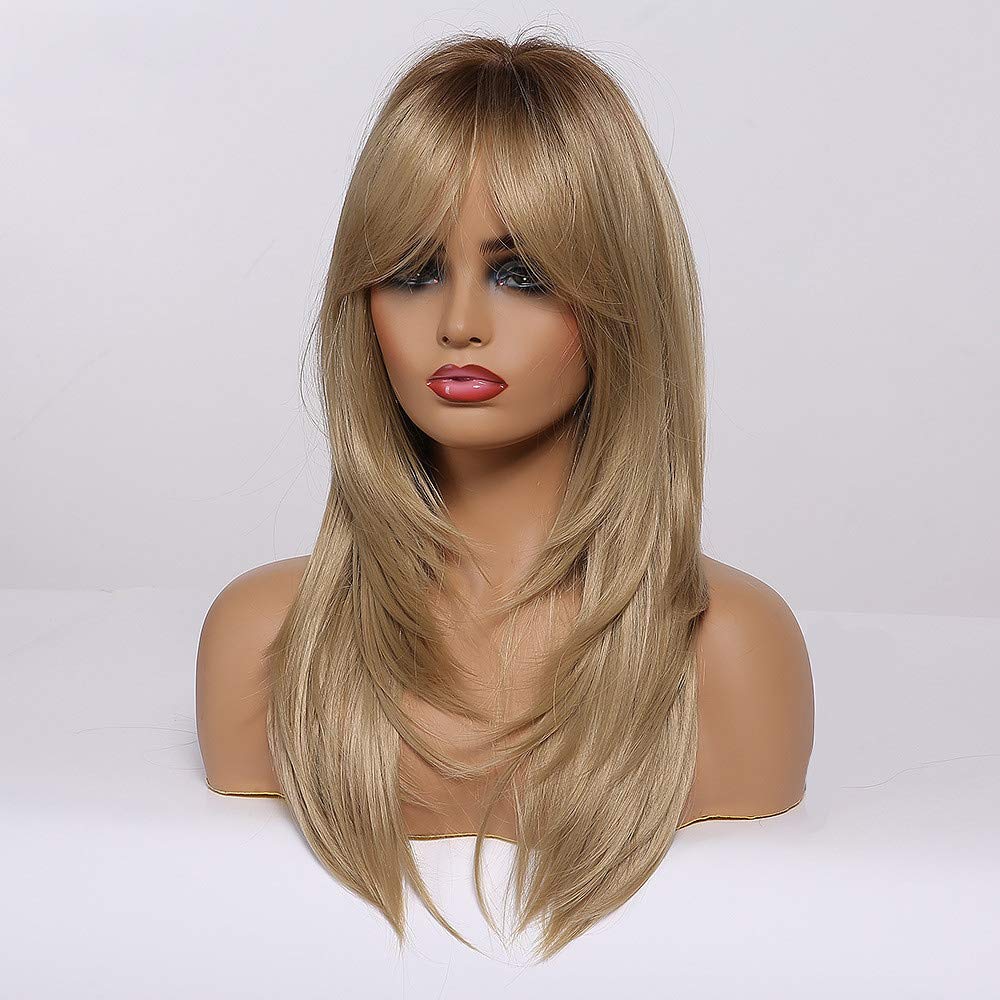 HAIRCUBE Ash Blonde Wigs for Women Long Layered Curly Wig Shoulder Length Heat Resistant Synthetic Wigs with Bangs