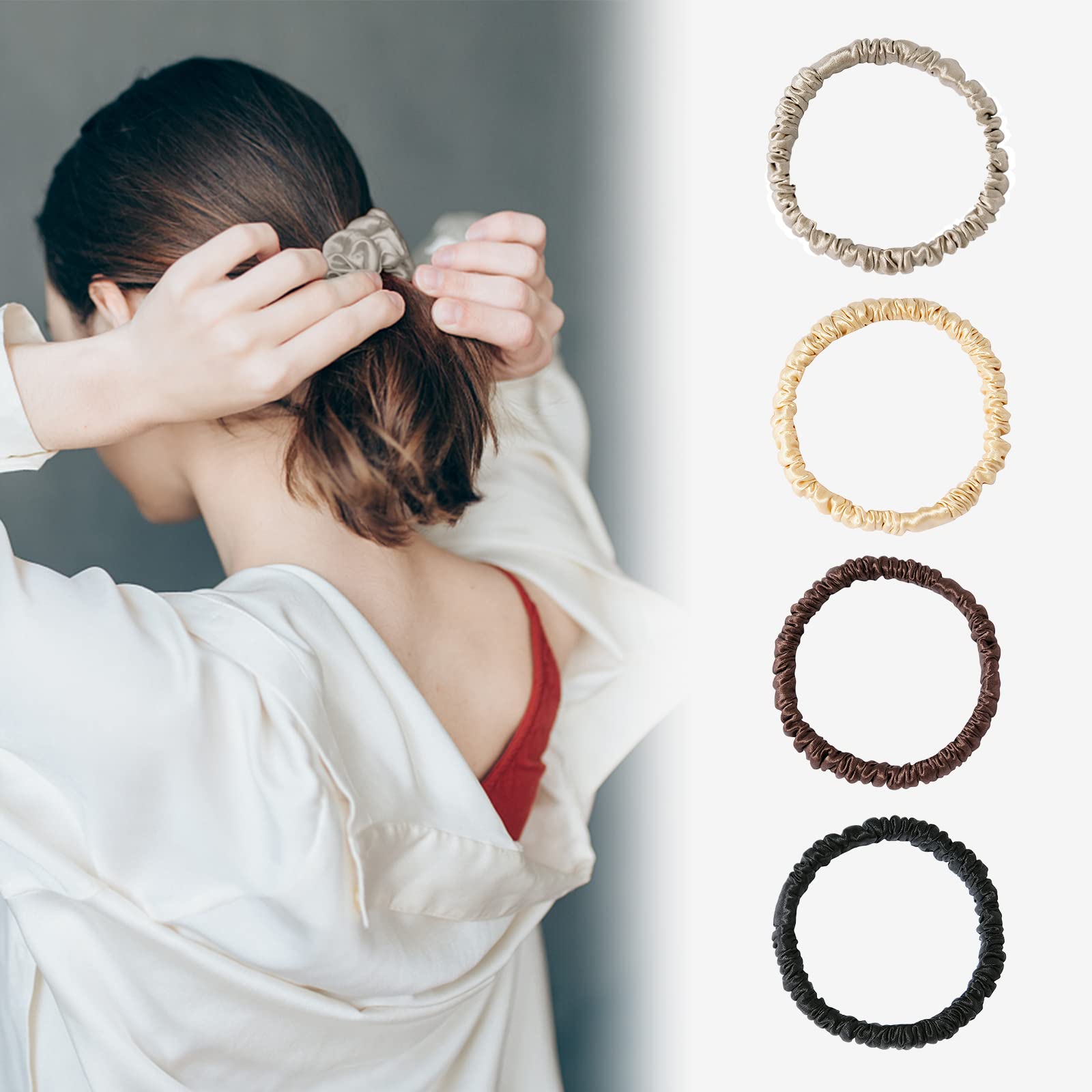 Sobonny 4 Set 100% Pure Mulberry Silk Hair-Friendly + Luxurious Elastic Skinny Scrunchies Travel Pouch Everyday Hair Ties Elasti