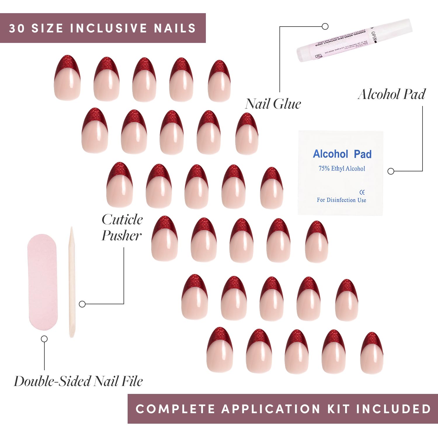 Glamnetic Press On Nails - Red Affair | Short Almond Red Glitter French Tip Nails With A Glossy Finish | 15 Sizes - 30 Nail Kit
