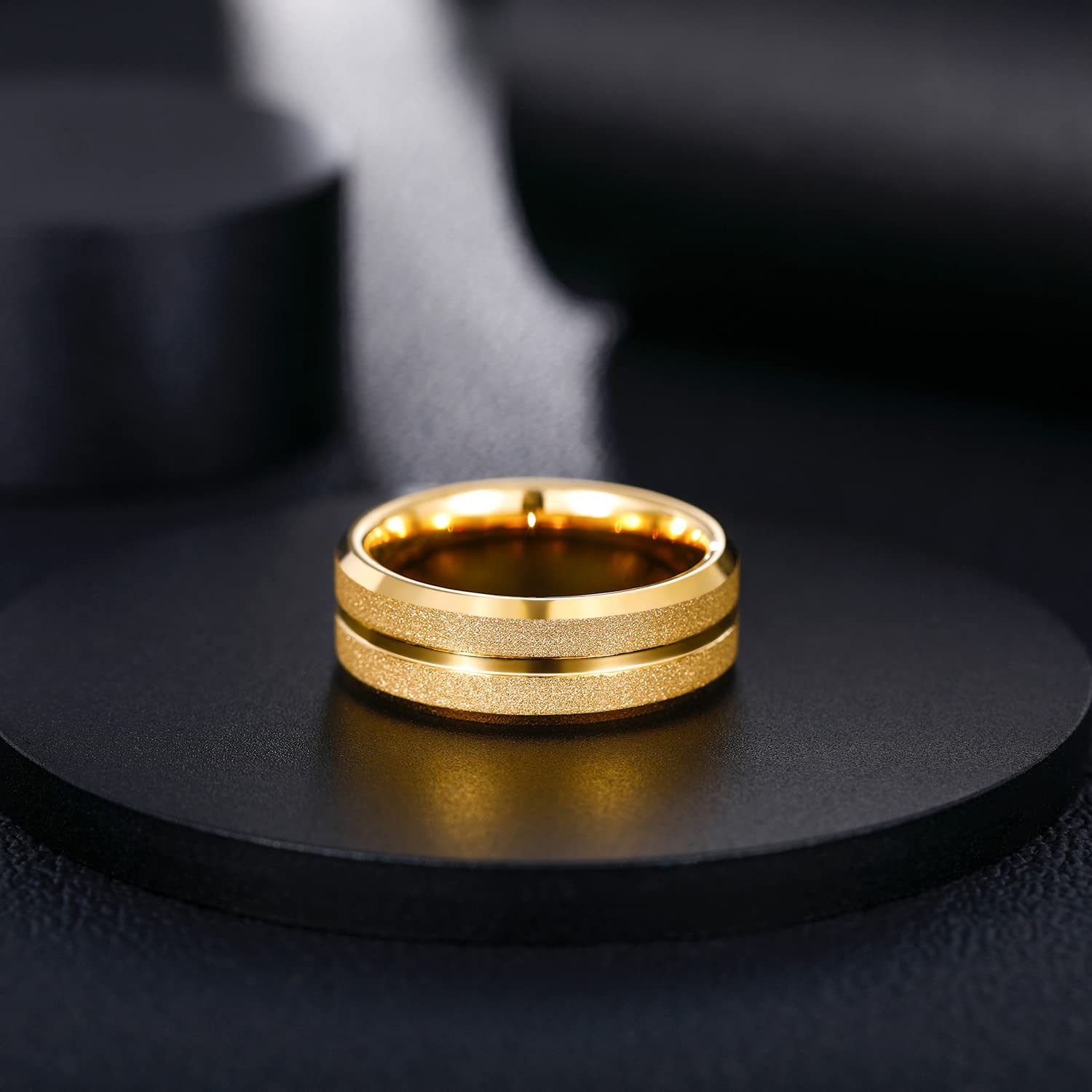 Greenpod 8MM Tungsten Carbide Rings for Men Sandblasted Beveled Edge Polished Gold Wedding Band Centre Groove Comfort Fit Size 7