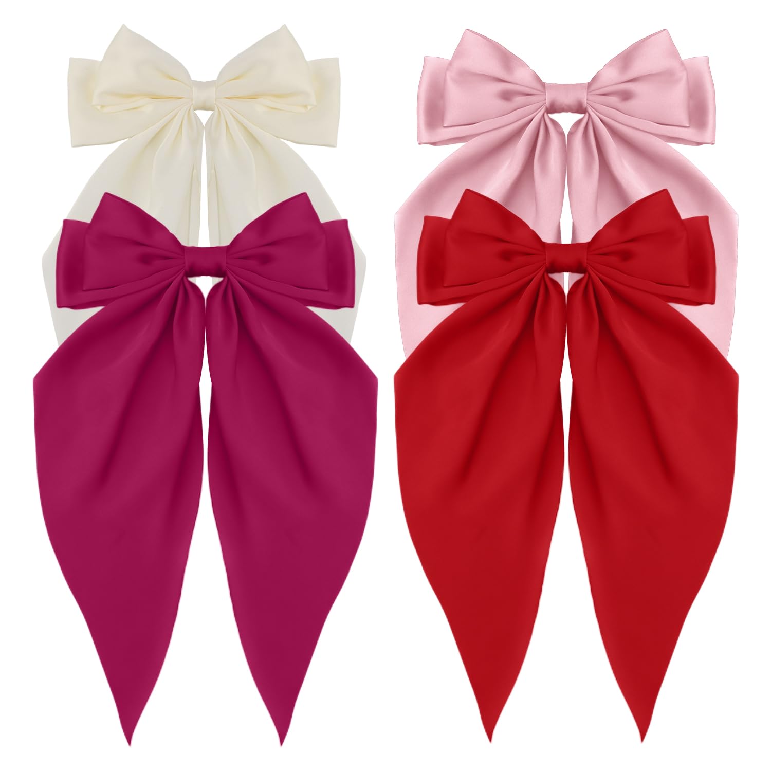 Atoden Women's Hair Bow, Silky Satin Hair Bow 4Pcs - Oversized Long Tail Bow Hair Clips, Large Hair Ribbon Barrettes, Metal Clip