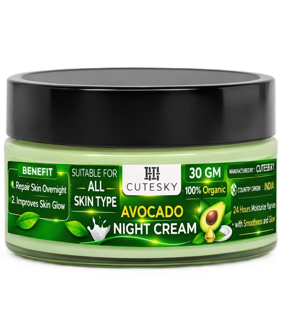 Cutesky Avocado Night Cream, 100% Organic, All Skin Types, Repairs Skin Overnight, 24 Hours Moisturisation, 30 Gm