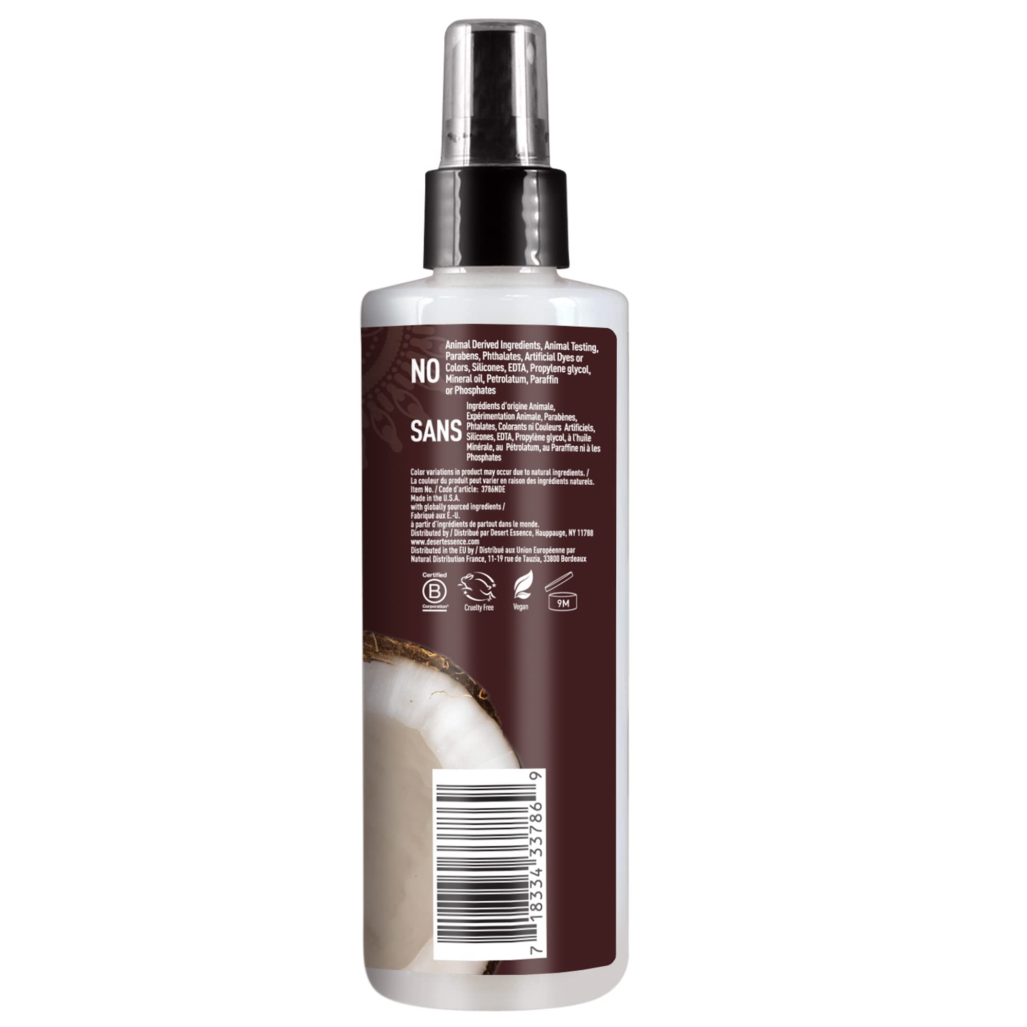 Desert Essence Coconut Hair Defrizzer & Heat Protector 8 Fl Oz - Gluten Free, Vegan, Cruelty Free - Coconut Oil & Jojoba Seed Ex