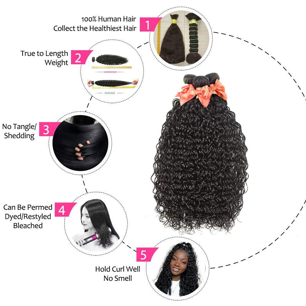 Water Wave 3 Bundles With Closure Wet And Wavy Human Hair Weave Brazilian Virgin Ocean Wave Bundles With 4Inchx4Inch Lace Closur