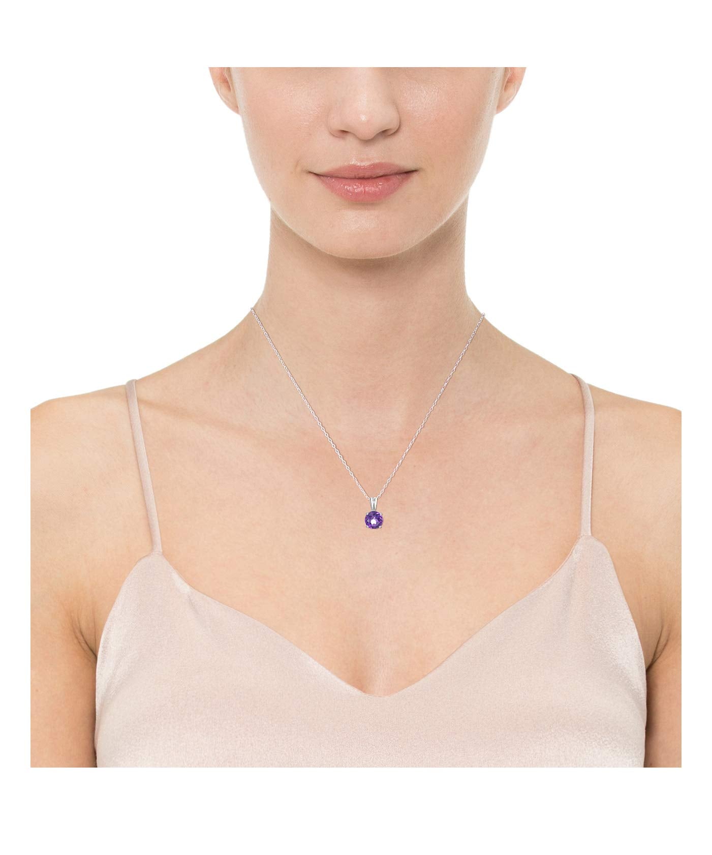 Amazon Essentials Sterling Silver Round Cut African Amethyst Birthstone Pendant Necklace (February), 18