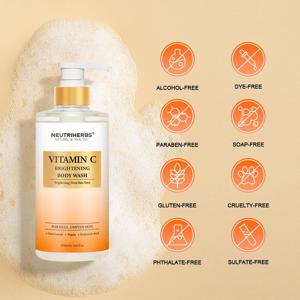 Neutriherbs Brightening Body Wash for Dull,Uneven Skin, Vitamin C Brightening Shower Gel For Women And Men, Daily Shower Soap Wi