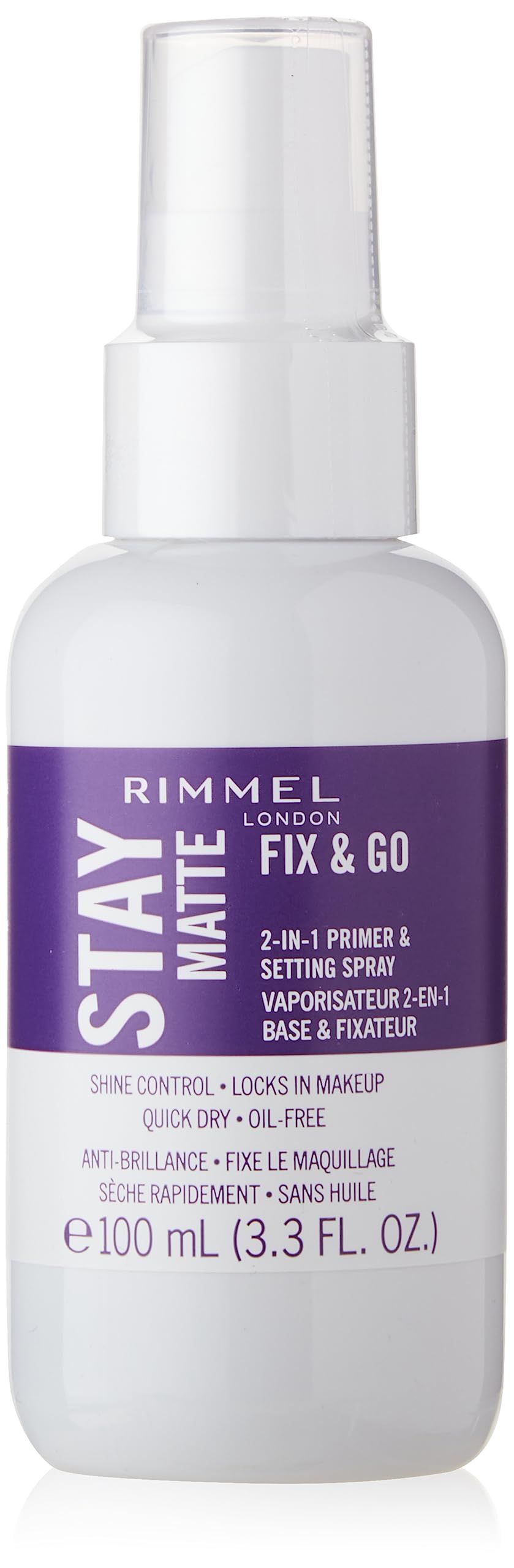 Rimmel London Stay Matte Fix & Go - 001 Transparent - 2-In-1 Primer & Setting Spray, Oil-Free, Locks Makeup Into Place, Soothes