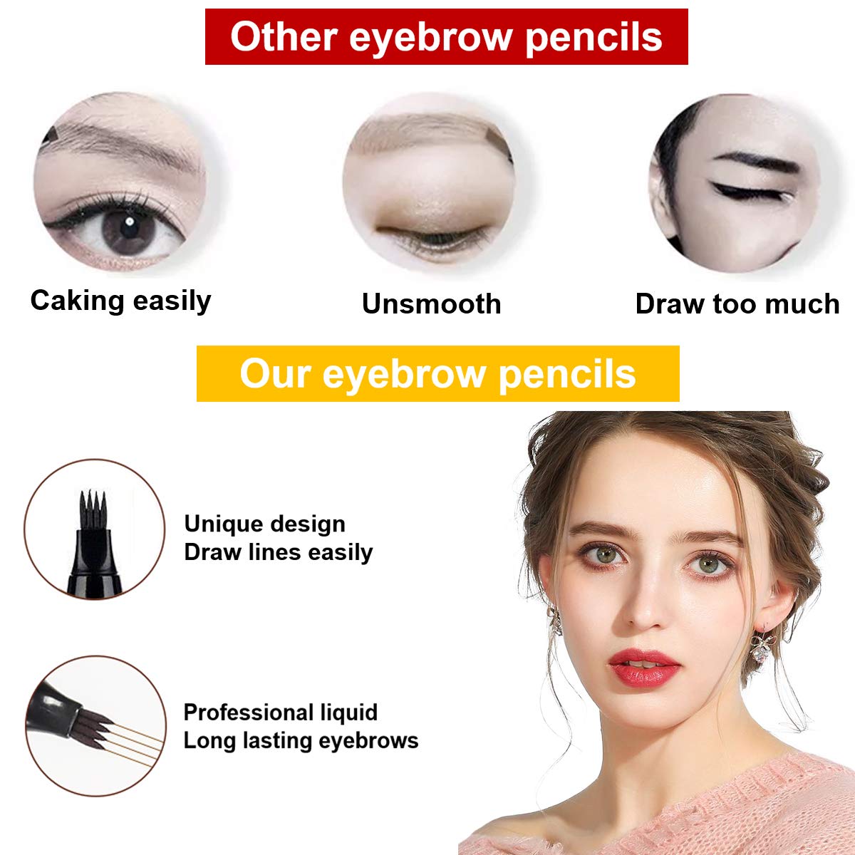 3Pcs Black Eyebrow Pen - Waterproof Microblading Eyebrow Pen,Long Lasting,Easily Create Natural Eyebrow Makeup