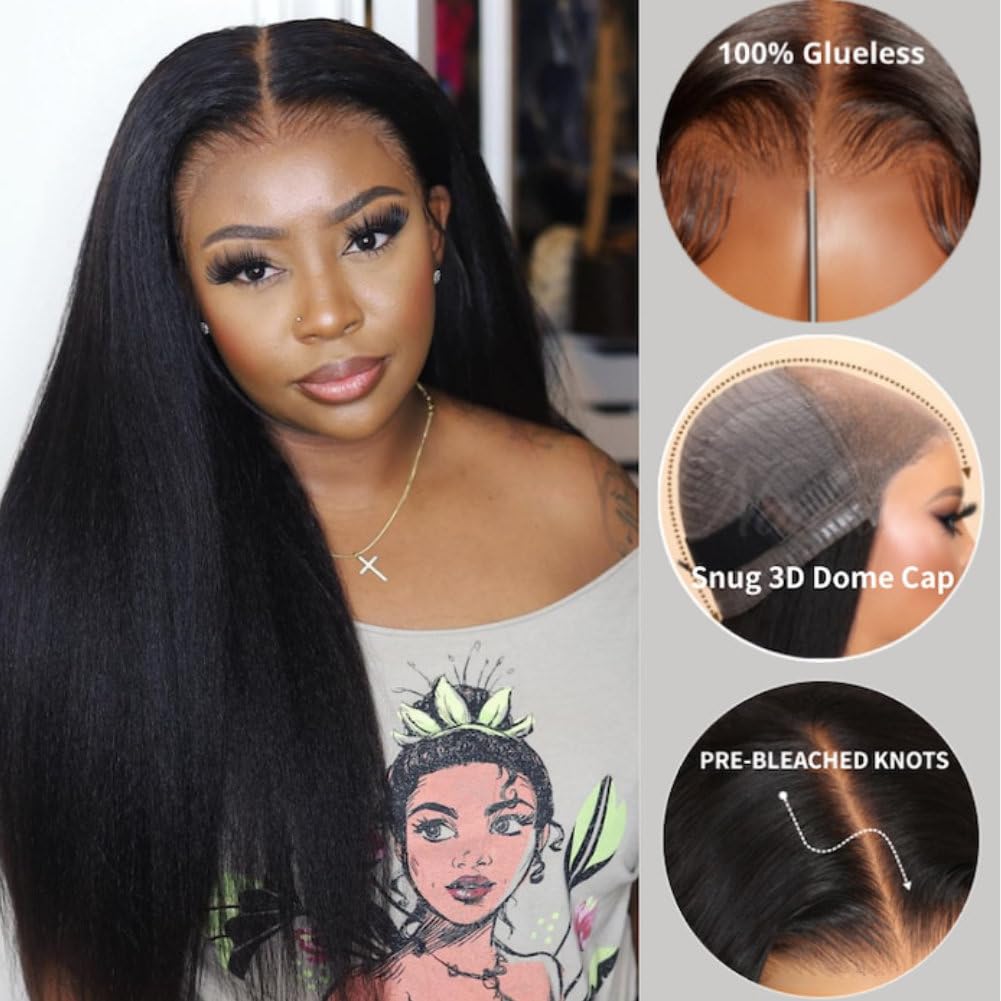 Beauty Forever Bye Bye Knots Put On And Go Glueless Yaki Straight Wig 7X5 Pre-Cut Lace Closure Wig,Easy To Wear Kinky Human Hair