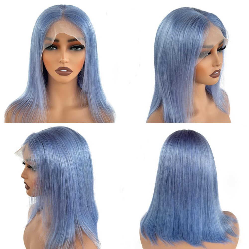 Cheap 13X4 Hd Transparent Pre Plucked Blunt Cut Sky Blue Bob Wig Human Hair Lace Front Wigs With Baby Hair Natural Hairline 100%