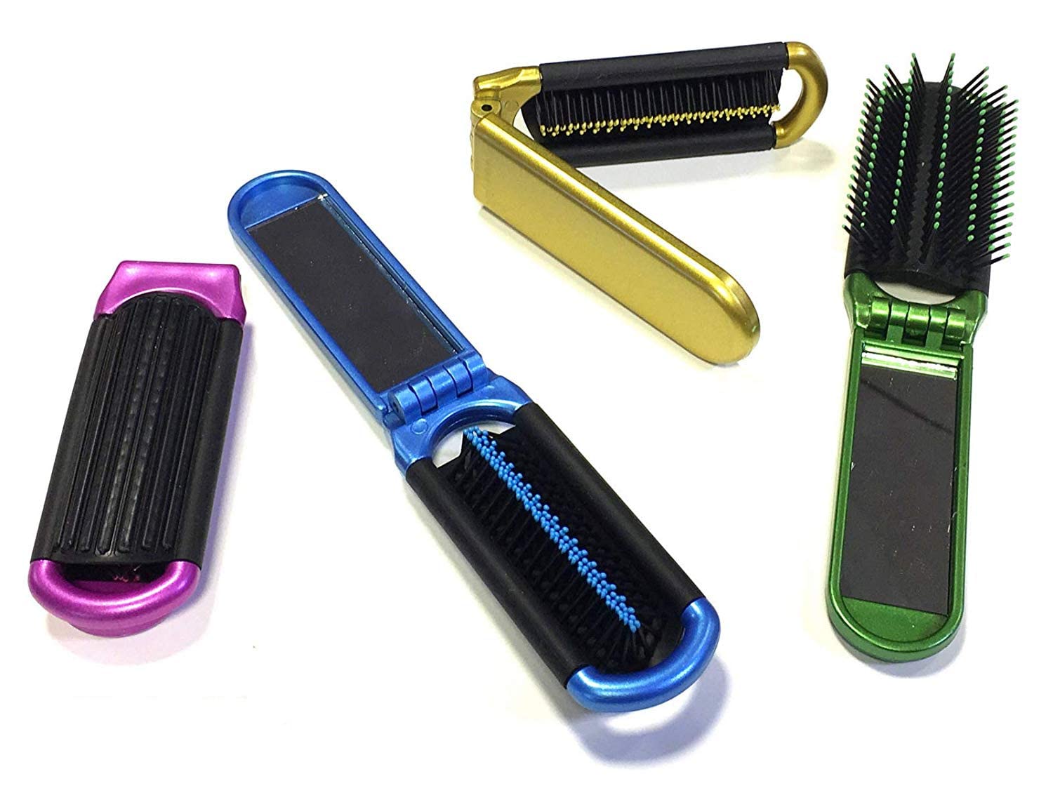 4 Assorted Colors Alazco Folding Hair Brush With Mirror Compact Pocket Size Travel Car Gym Bag Purse Locker Swimming Camping Sle