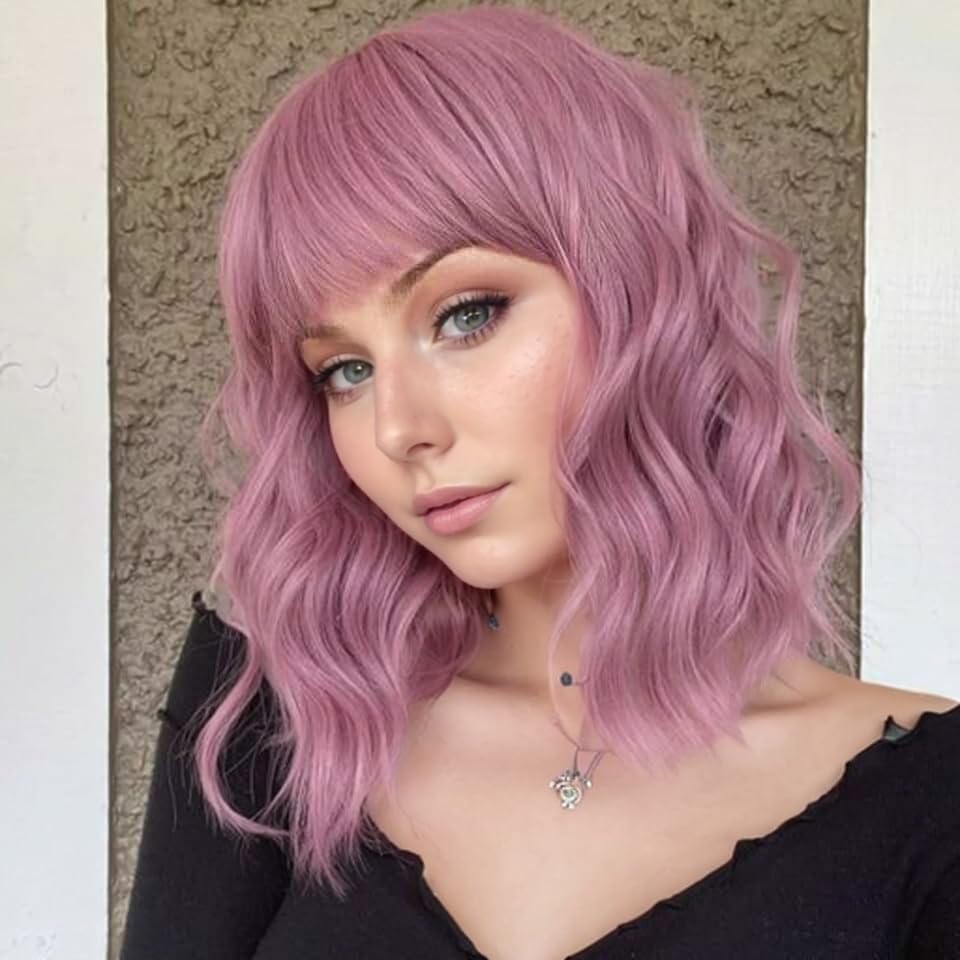 Vckovcko Pastel Wavy Wig With Air Bangs Women'S Short Bob Purple Pink Wigs Curly Wavy Shoulder Length Pastel Bob Wigs Synthetic