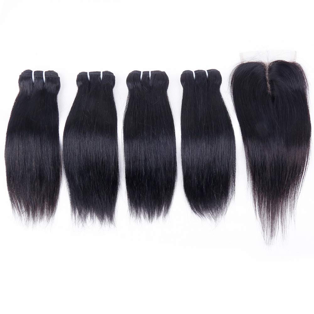 Brazilian Straight Hair Bundles With T Part Closure(10 10 10 10+10) Straight Human 4 Bundles With Closure 50G/Pc 10A Unprocessed