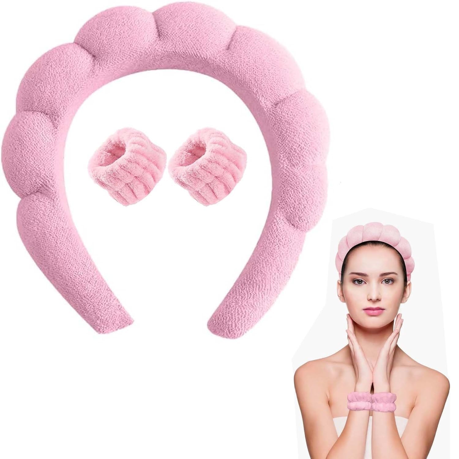 Spa Headband And Wrist Towel Set For Skincare Routine  Puffy Bubble Makeup Headband With 2 Plush Wrist Wash Bands, Soft Microfi