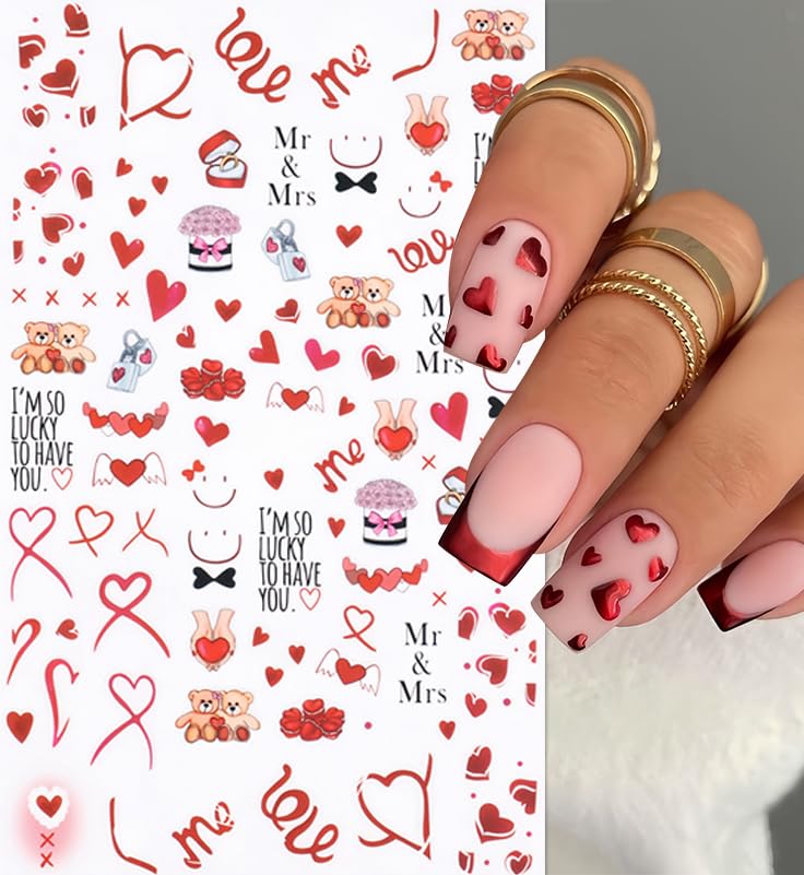 8Pcs Love Heart Nail Art Stickers Valentine'S Day 3D Self-Adhesive Nail Decals Sexy Lips Nail Supplies With Rose Bears Valentine