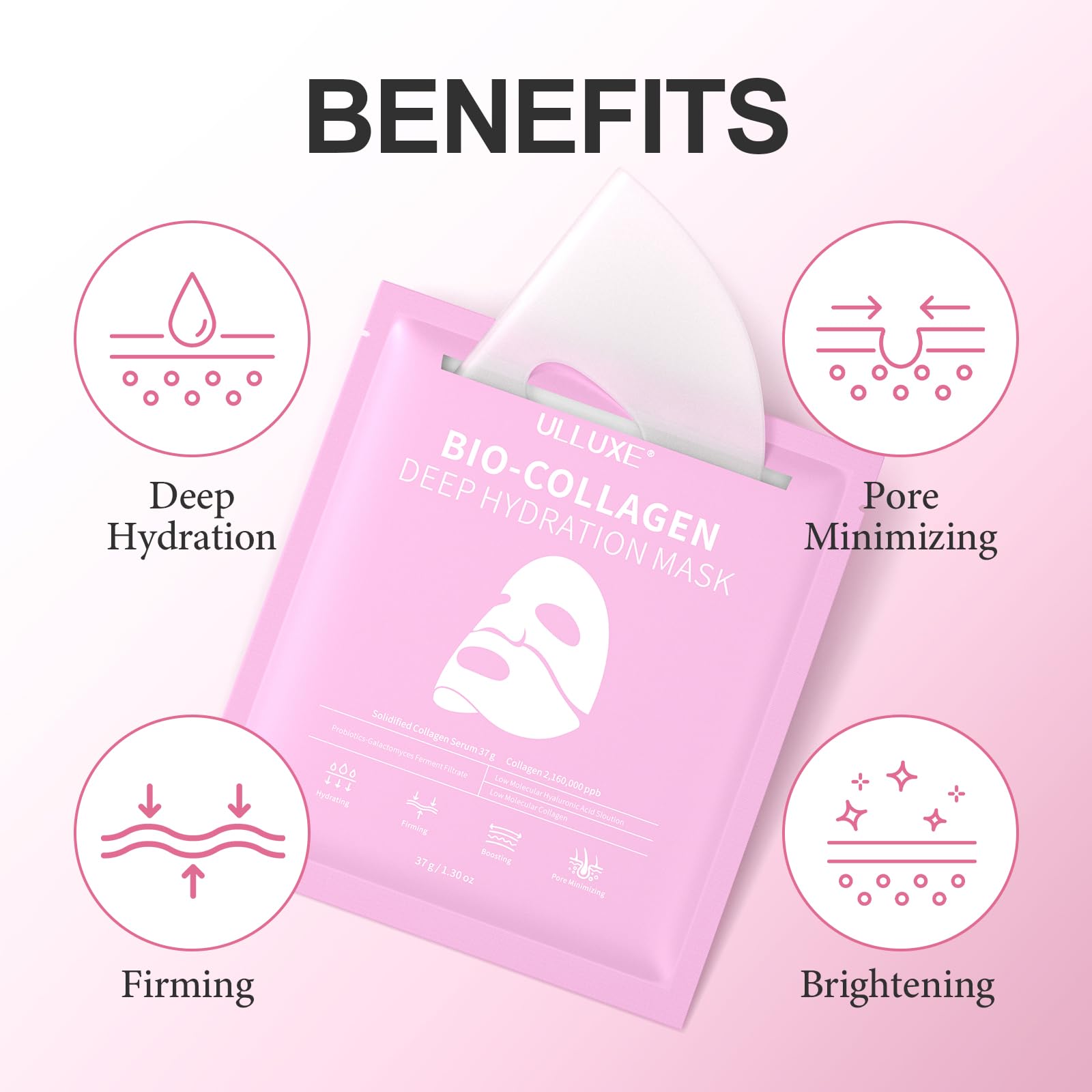Ulluxe Real Deep Collagen Face Mask, Overnight Hydrating Facial Sheet Masks With Hyaluronic Acid, Moisturizing, Lifting, Firming