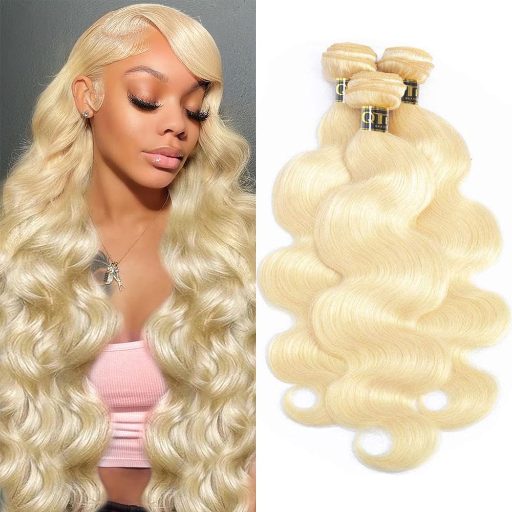 Qthair 613 Blonde Hair Bundles 8'' 10'' 12'' 300G 14A Grade Brazilian Virgin Body Wave Human Hair 3 Bundles 100% Unprocessed Vir
