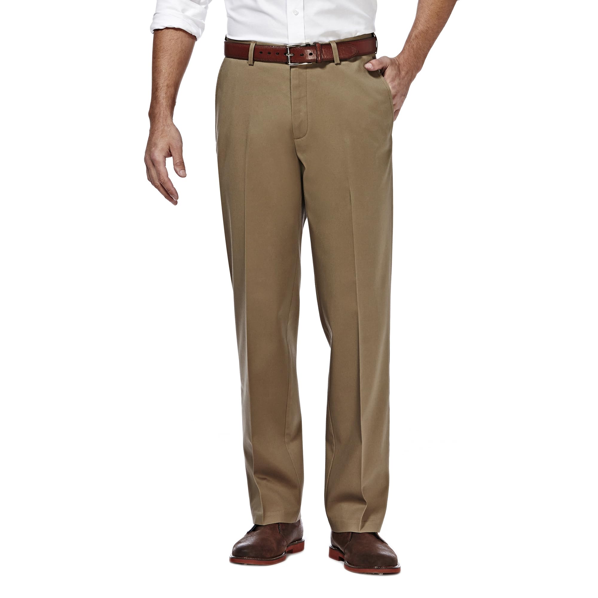 Haggar Mens classic Fit Flat-Front Hidden Expandable Waistband Premium No Iron Khaki, 36W x 32L - British Khaki