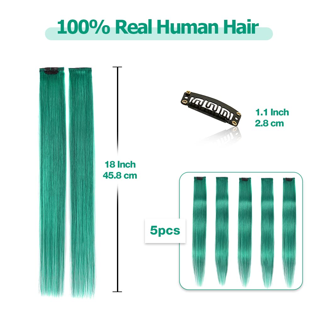 Winsky Teal Hair Extensions Clip In Human Hair - 100% Straight Halloween Party Highlights Clip On Colored Hair Extensions 5 Piec