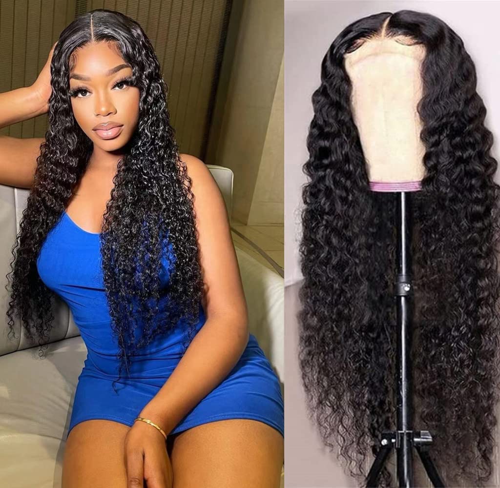 Josblue 28 Inch 4X4 Deep Curly Lace Front Wigs Human Hair Glueless Wigs Human Hair Wigs For Black Women Pre Plucked Brazilian Vi