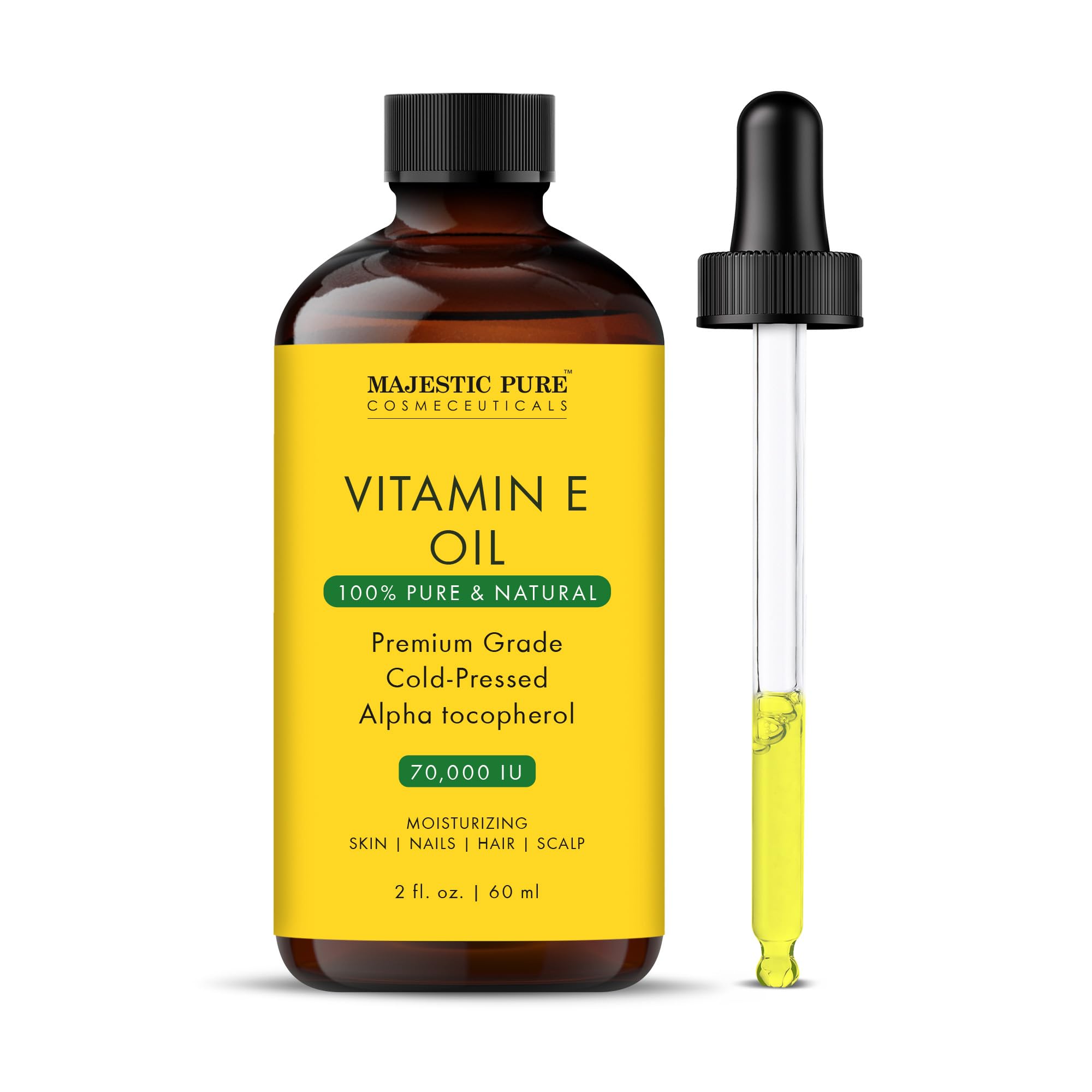 MAJESTIC PURE Vitamin E Oil - 100% Pure & Natural | Premium Grade, Cold-Pressed and Tocopherol to Repair Dry, Damaged Skin | Moi