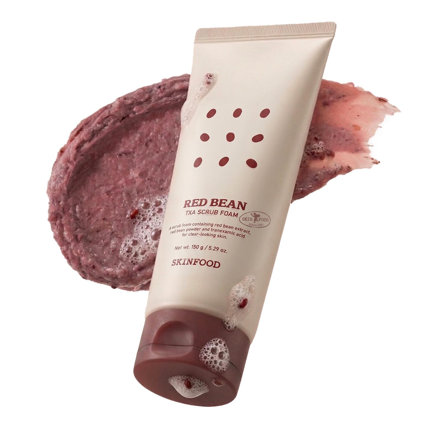 SKINFOOD Red Bean Scrub Foam Cleanser, Korean Exfoliating Face Wash with Red Bean Granules, Deep Cleansing & Smooth Skin Texture