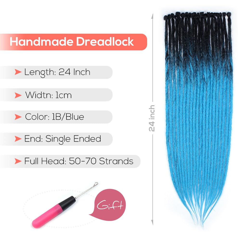 Kraler 24'' Thick Dreadlock Extensions, 20 Strands 1cm Width SE Ombre Blue Crochet Dreadls Extensions of Synthetic Hair Hip Hop