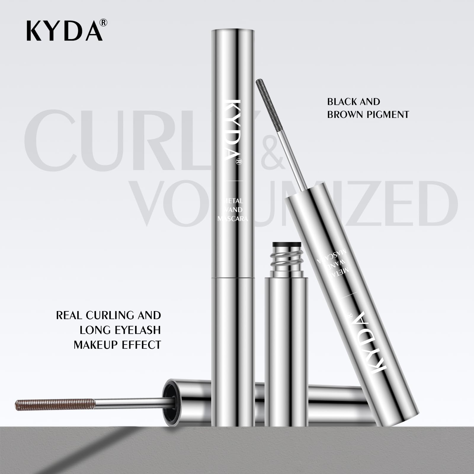 KYDA Black Washable Metal Wand Mascara, Bristleless, Quick Dry, 0.18 oz, Extra Slim Charming Eyelash Look