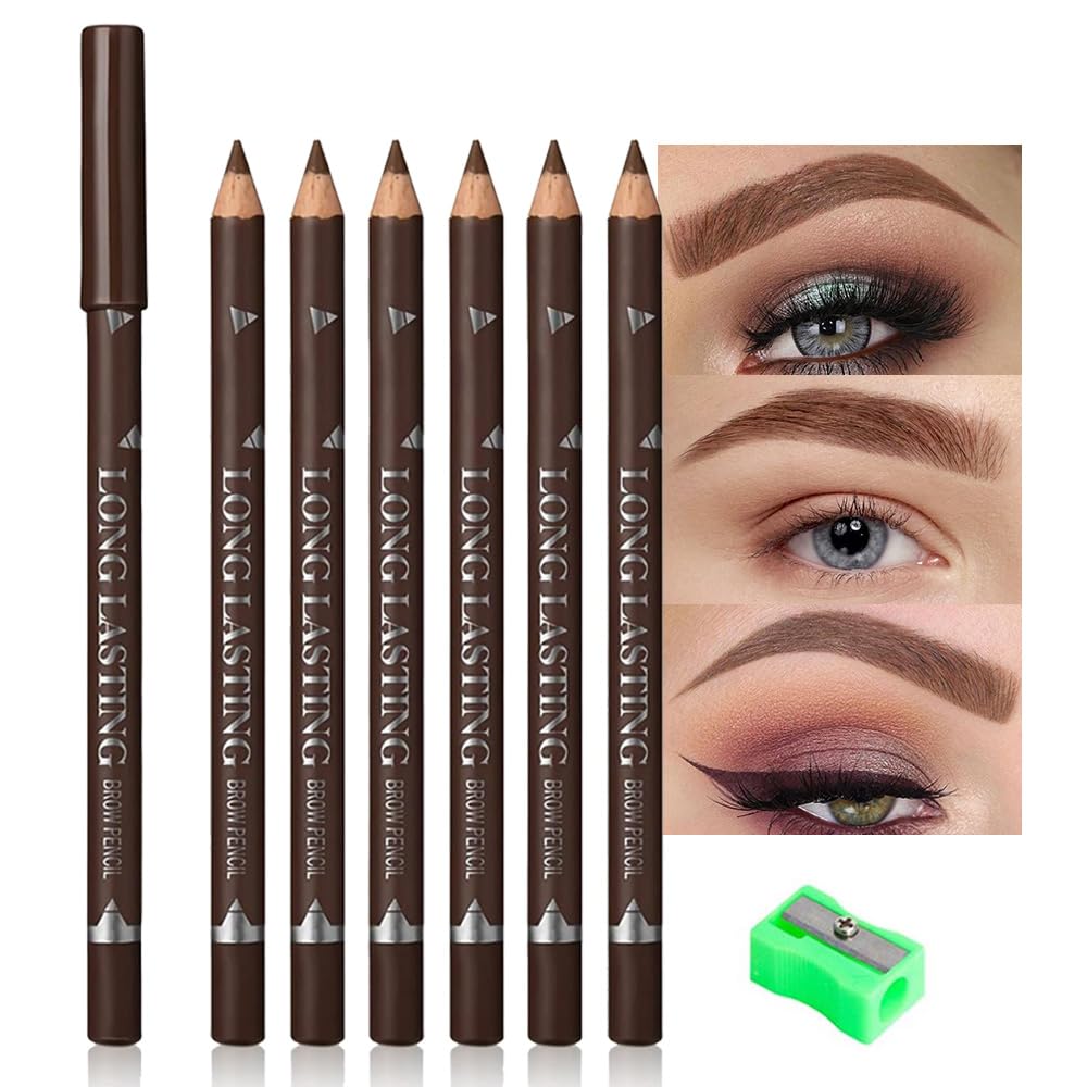 6Pcs Brow Pencil, Wooden Hard-Core Eyebrow Pencils, Eyebrow Pencil Medium Brown, Eyebrow And Eyeliner Pencils, Waterproof And Sw