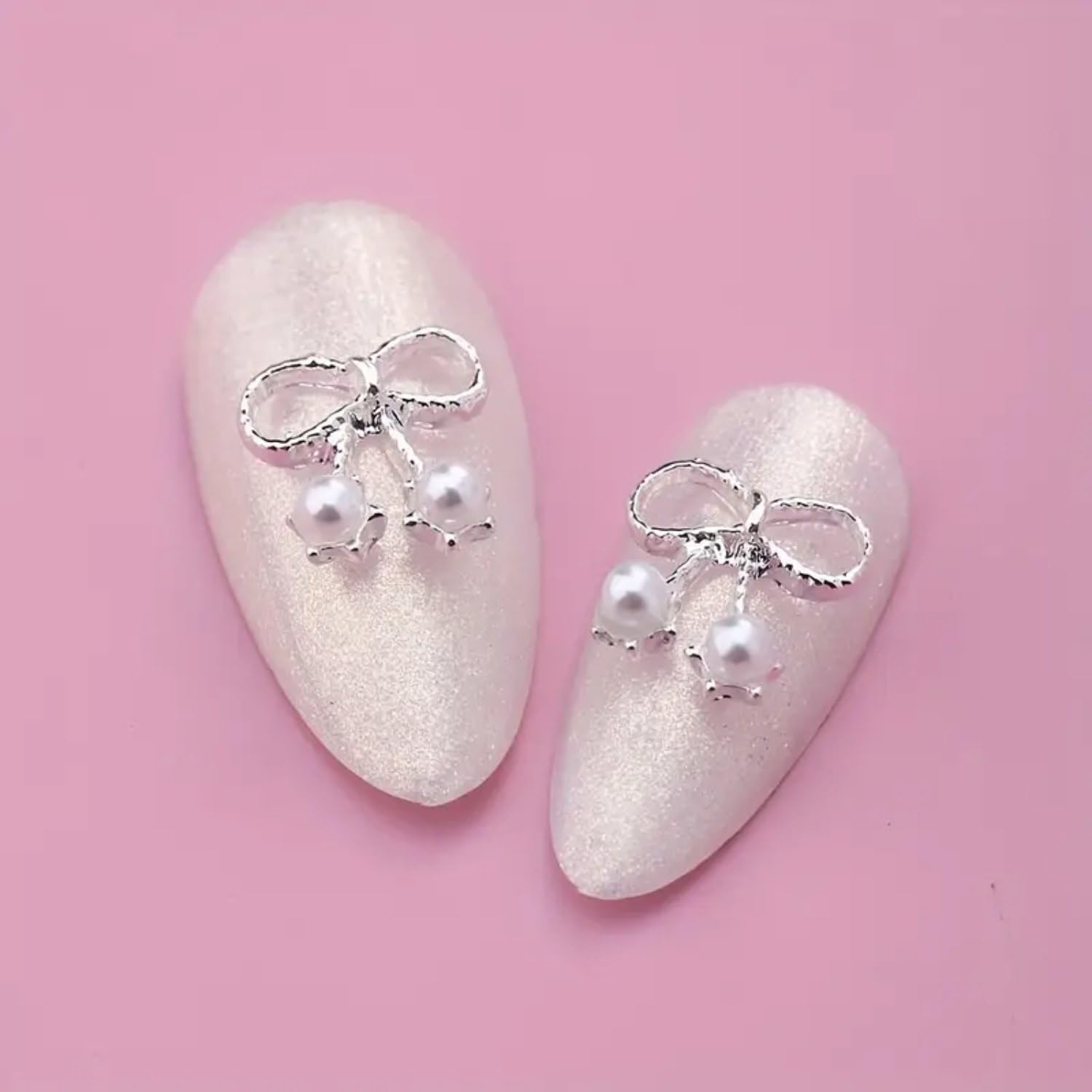 10Pcs Bow Nail Charms For Nail Art, 3D Silver Alloy Bowknot Nail Rhinestones With Pearls Design Cute Metal Crystal Nail Art Char
