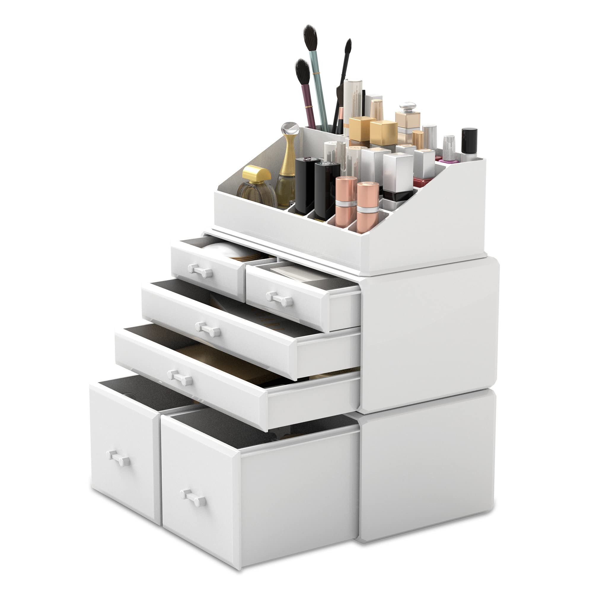 READAEER Makeup Organizer - 3-Piece Cosmetic Storage Case with 6 Drawers, Plastic, White, Model 6D/TRP