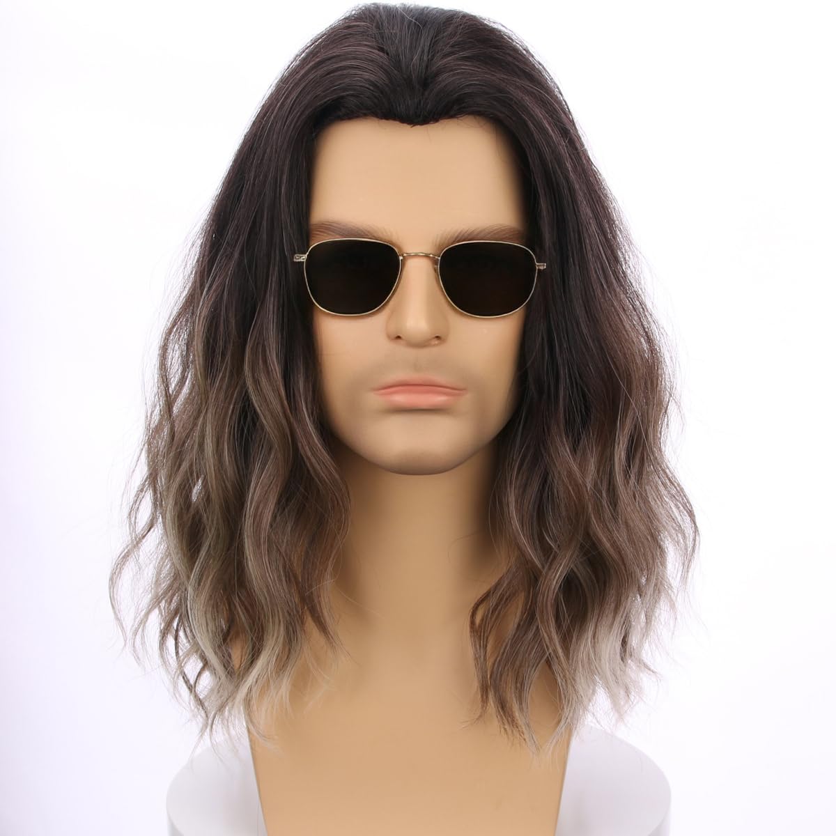 PATTNIUM Mens Ombre Brown Wig Long Curly Wavy Brown to Blonde Wig Middle Length Mixed Brown Hair Wig Halloween Cosplay Costume P