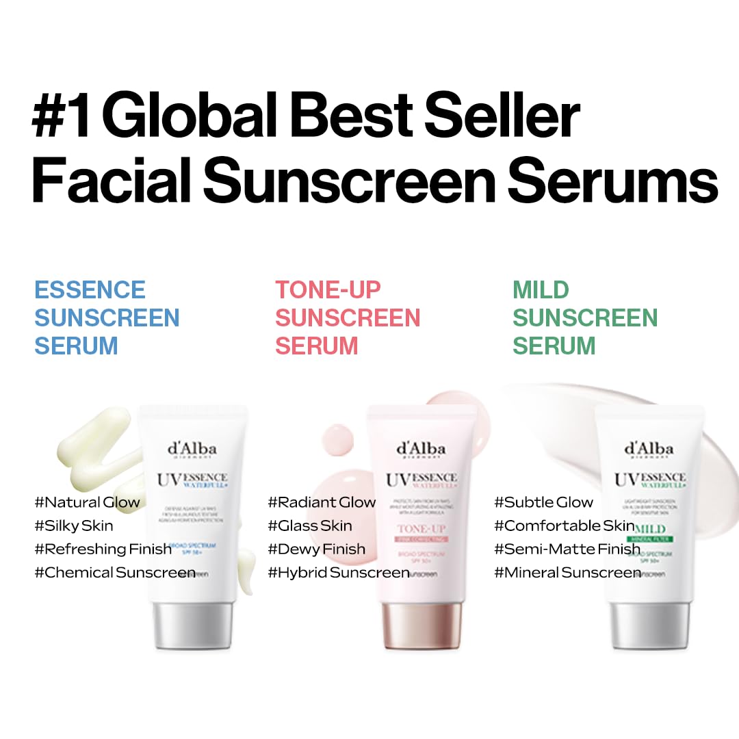 D'Alba Piedmont Waterfull Tone-Up Sunscreen Serum Broad Spectrum Spf 50 + Korean Sunscreen For Face, All Skin Tones, Sweat Proof