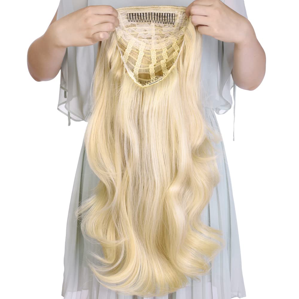 24 Inch Blond Wavy 3/4 Half Wig Long Lightest Synthetic Hair Extensions Capless Wigs Hair Clips Extension For Women 210G(24 #4)